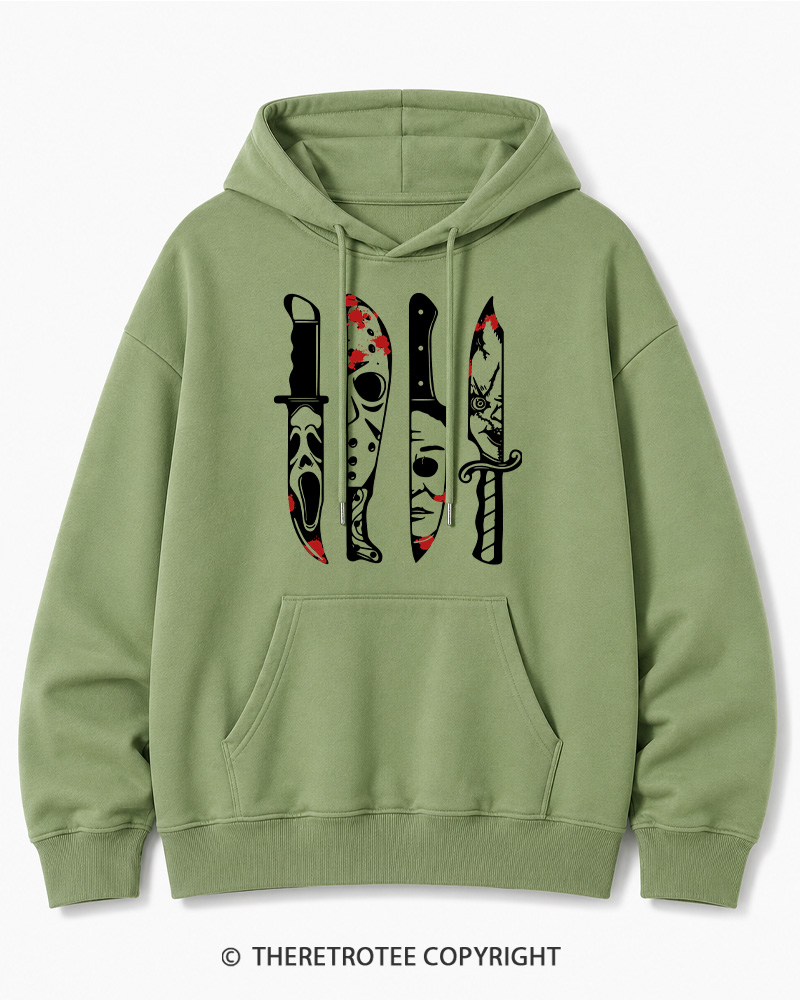 TheRetroTee Horror Movie Characters In Knives 1970s Halloween Cotton Hoodie