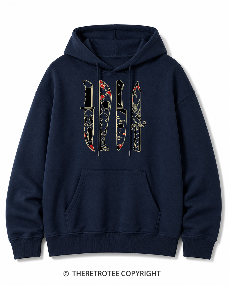 TheRetroTee Horror Movie Characters In Knives 1970s Halloween Cotton Hoodie