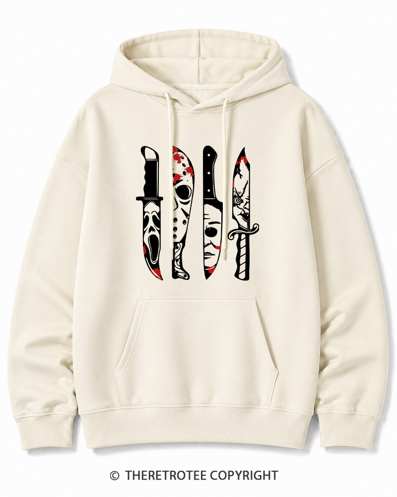 TheRetroTee Horror Movie Characters In Knives 1970s Halloween Cotton Hoodie