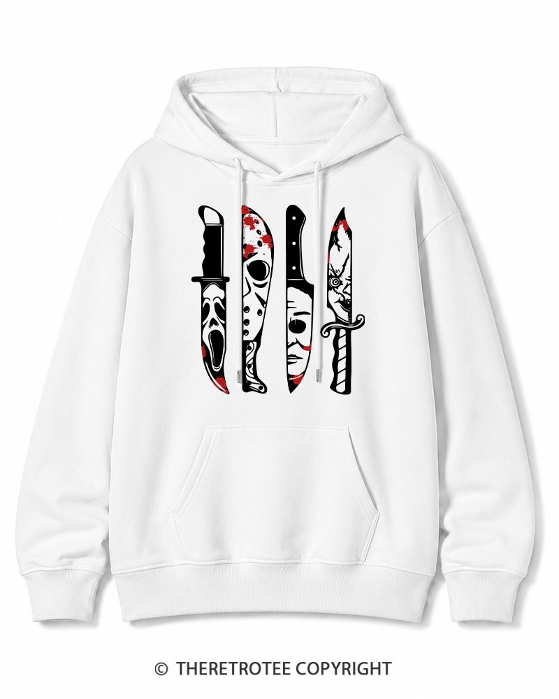 TheRetroTee Horror Movie Characters In Knives 1970s Halloween Cotton Hoodie