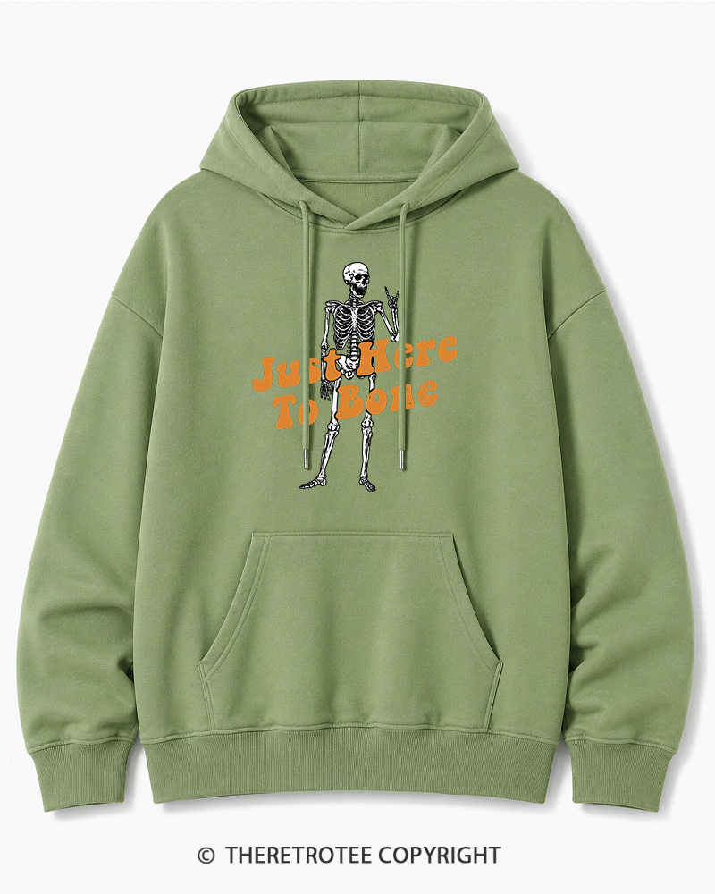 TheRetroTee Just Here To Bone 1990s Halloween Halloween Cotton Hoodie