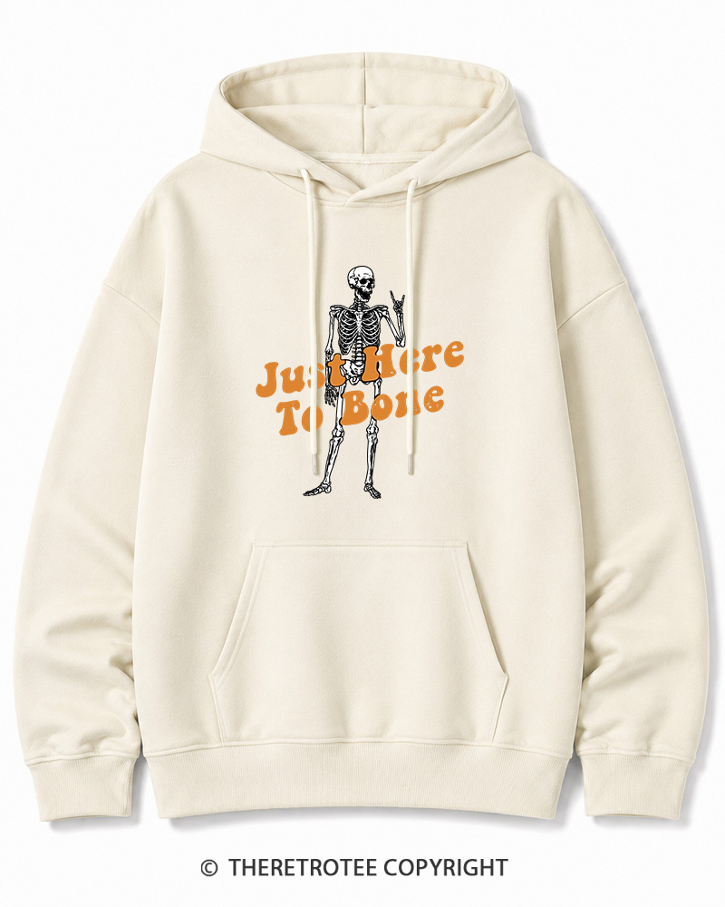 TheRetroTee Just Here To Bone 1990s Halloween Halloween Cotton Hoodie