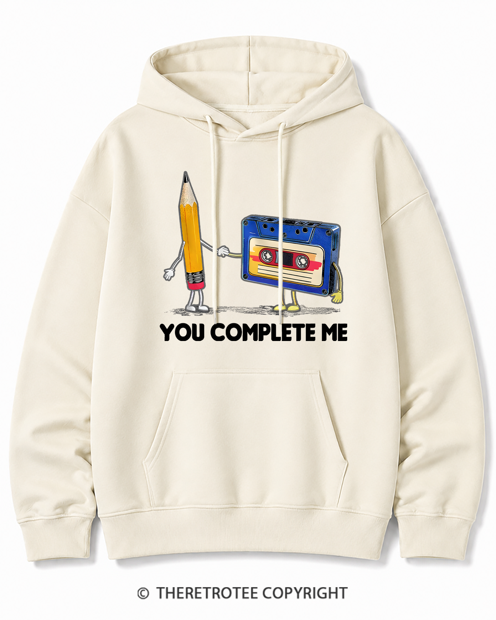 TheRetroTee You Complete Me Pencil & Cassette 1980s Cotton Hoodie