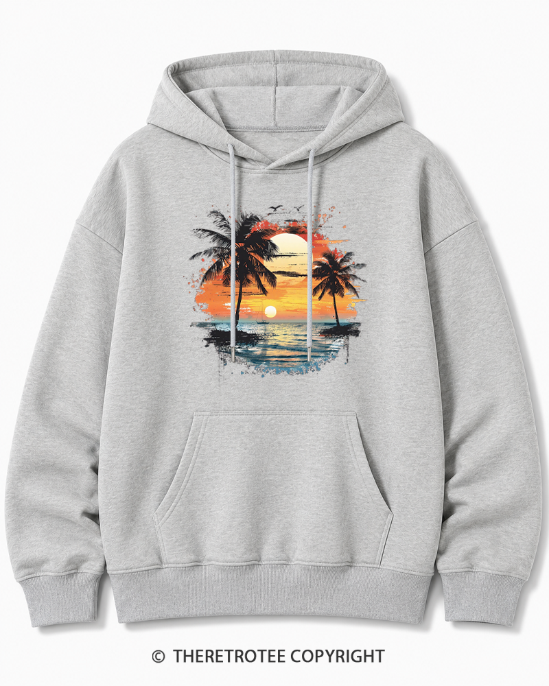 TheRetroTee Beach Sunset With Palm Trees 1980s Cotton Hoodie