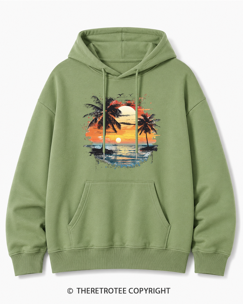 TheRetroTee Beach Sunset With Palm Trees 1980s Cotton Hoodie