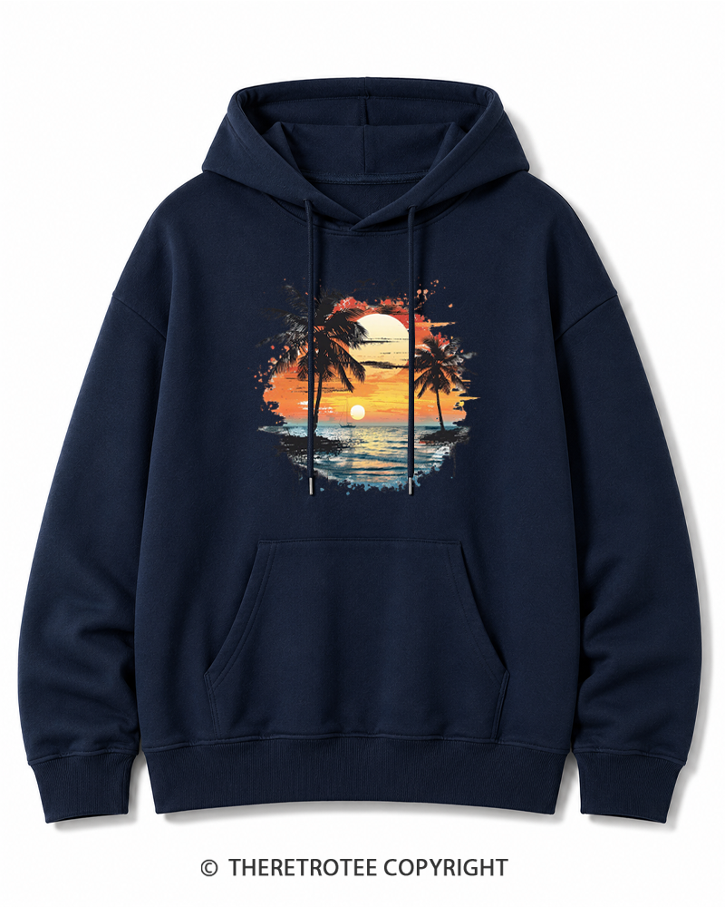 TheRetroTee Beach Sunset With Palm Trees 1980s Cotton Hoodie