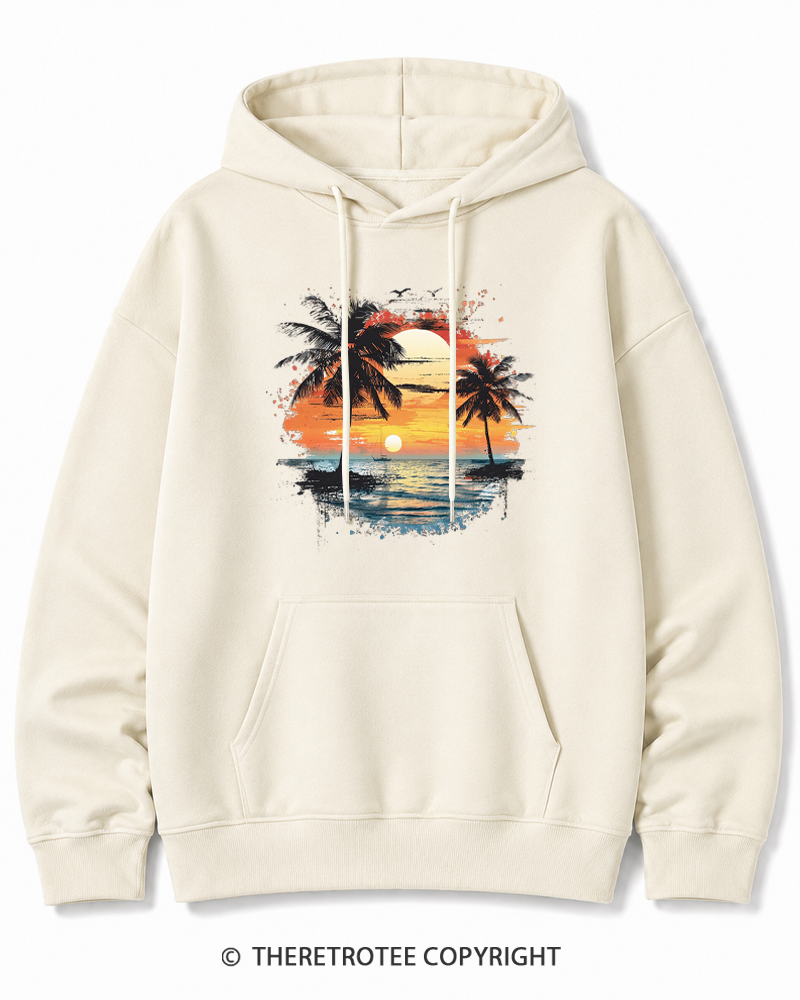 TheRetroTee Beach Sunset With Palm Trees 1980s Cotton Hoodie
