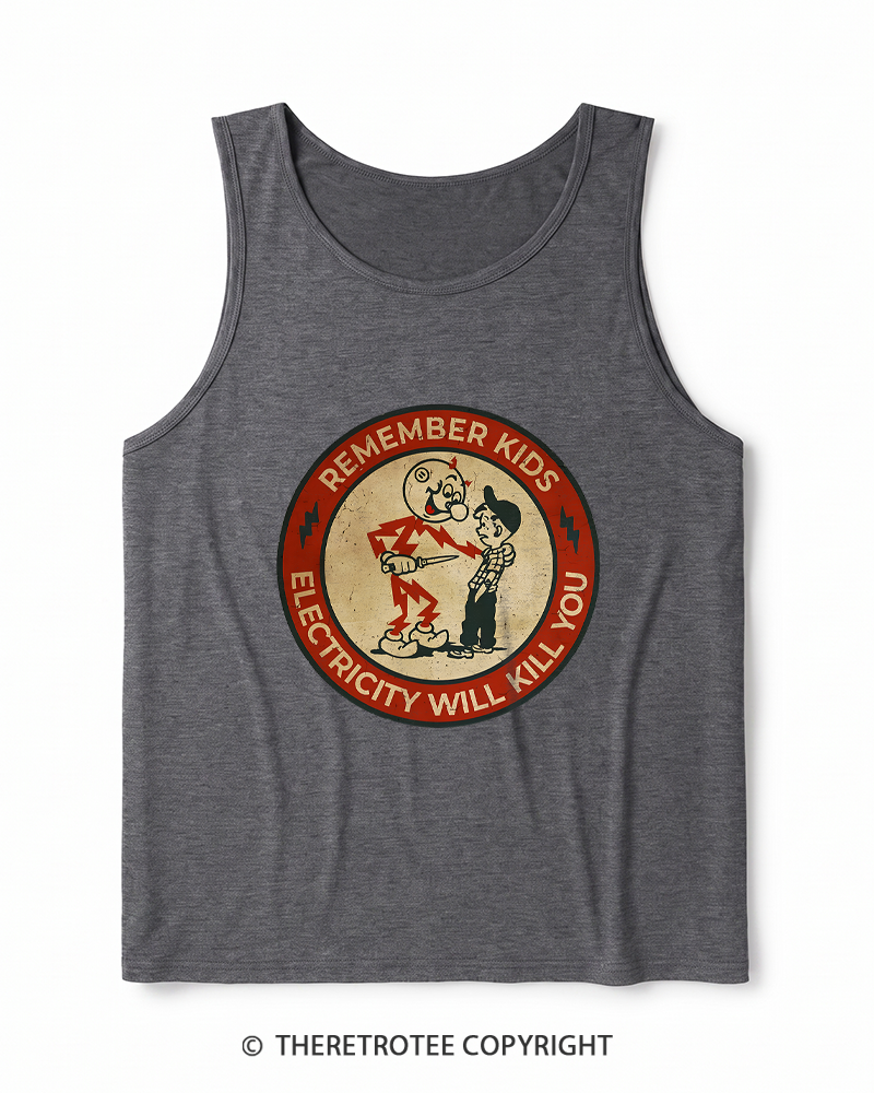 TheRetroTee Electricity Will Kill You Kids 1950s Heather Tank Top