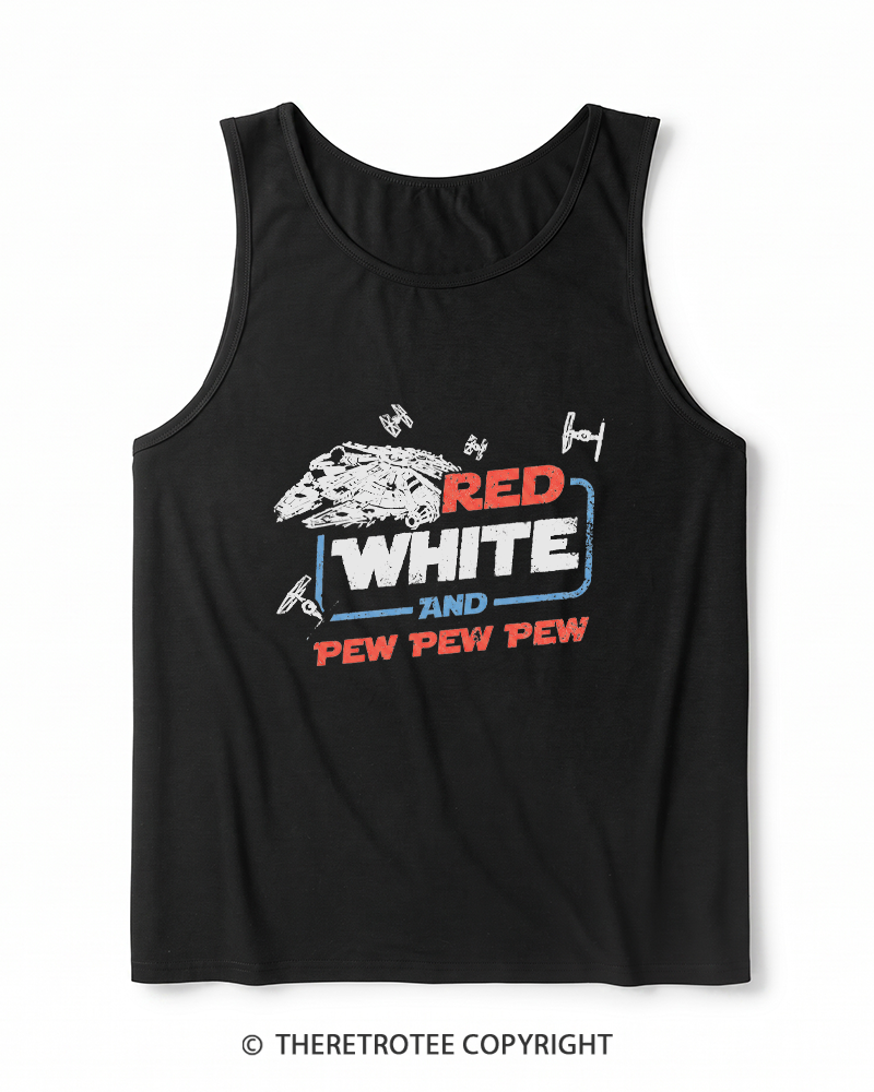 TheRetroTee Red White And Pew Pew Pew 1980s Heather Tank Top