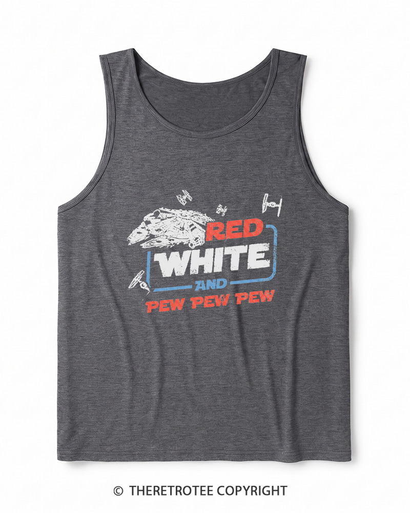 TheRetroTee Red White And Pew Pew Pew 1980s Heather Tank Top