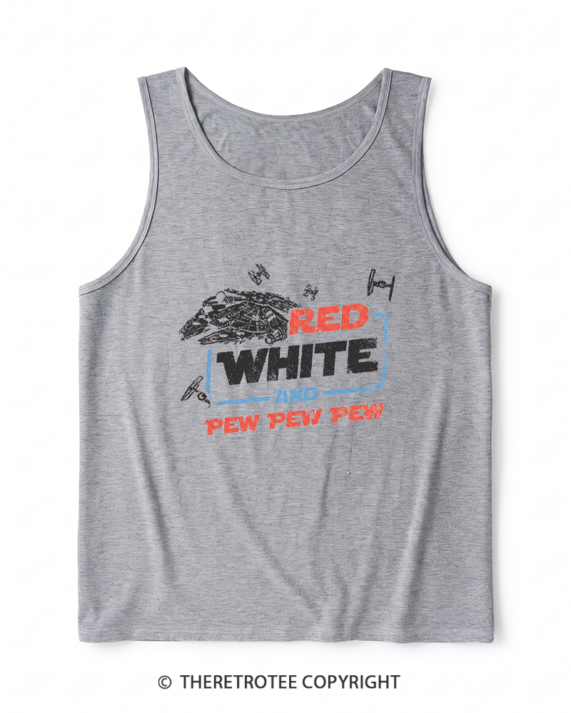 TheRetroTee Red White And Pew Pew Pew 1980s Heather Tank Top