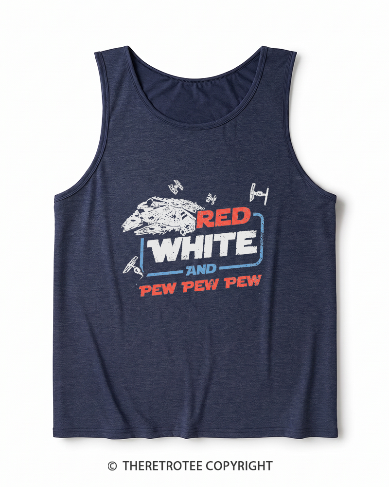 TheRetroTee Red White And Pew Pew Pew 1980s Heather Tank Top