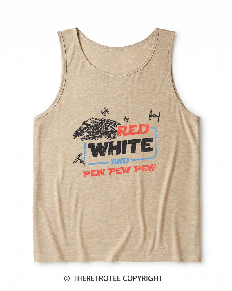 TheRetroTee Red White And Pew Pew Pew 1980s Heather Tank Top