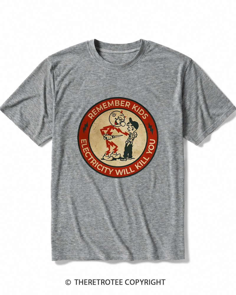 TheRetroTee Electricity Will Kill You Kids 1950s Heather T-Shirt