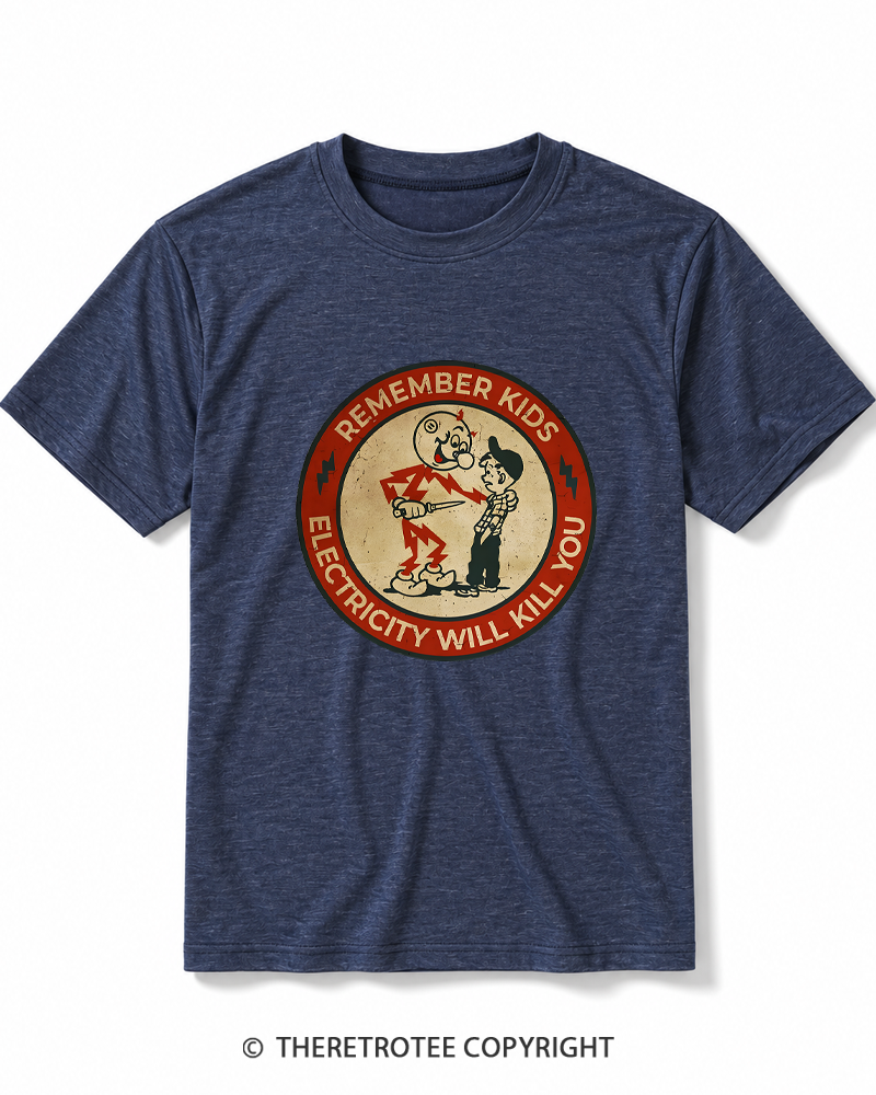TheRetroTee Electricity Will Kill You Kids 1950s Heather T-Shirt