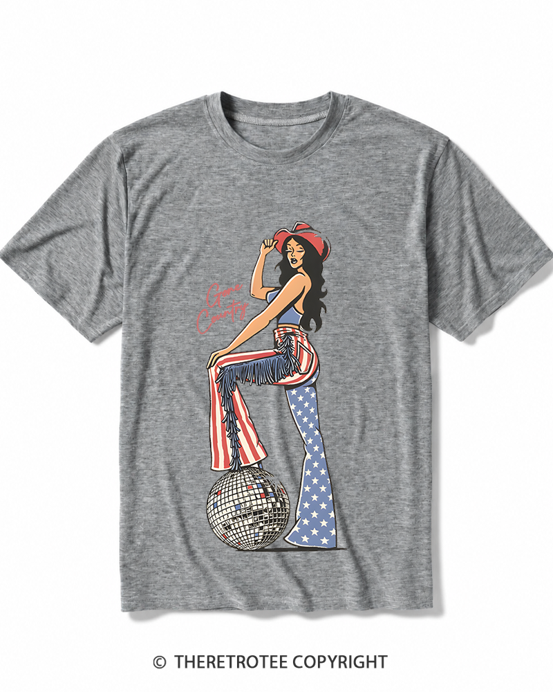 TheRetroTee Gone Country Disco Cowgirl 1970s Heather T-Shirt