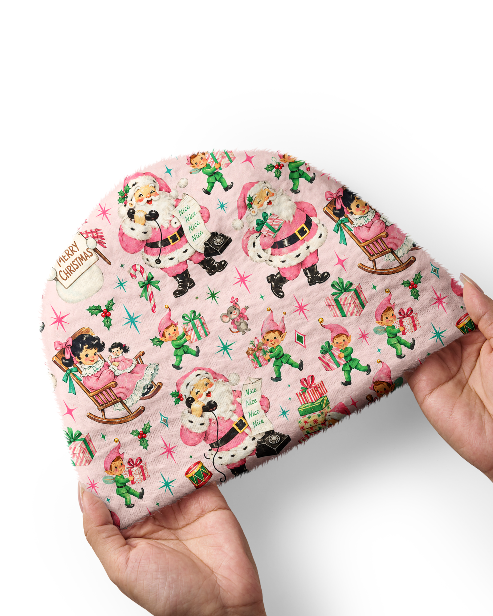 TheRetroTee 1950s Pastel Christmas Party Pattern Plush Knit Beanie