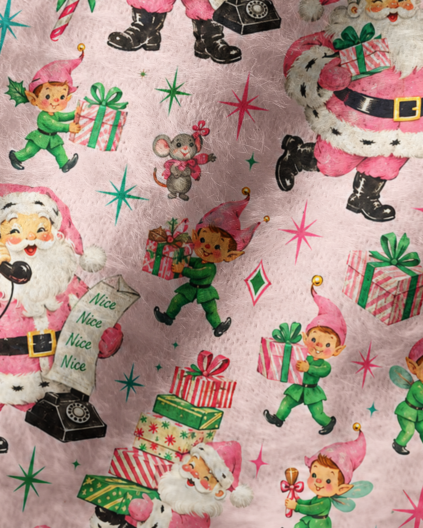 TheRetroTee 1950s Pastel Christmas Party Pattern Plush Knit Beanie