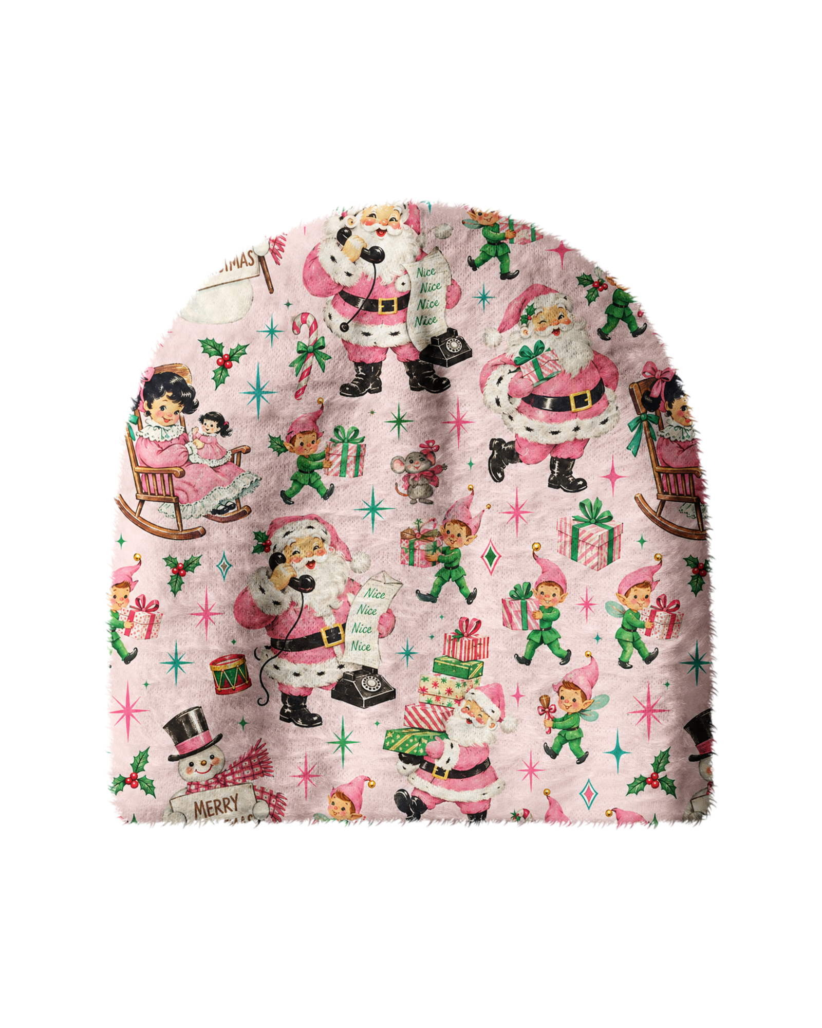 TheRetroTee 1950s Pastel Christmas Party Pattern Plush Knit Beanie