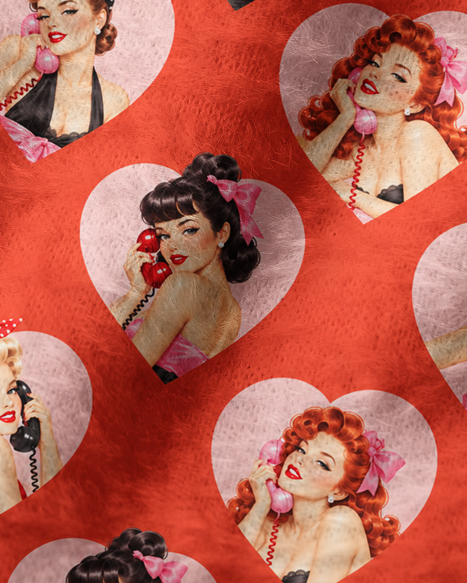 TheRetroTee 1950s Retro Romance Heart Pattern Plush Knit Beanie