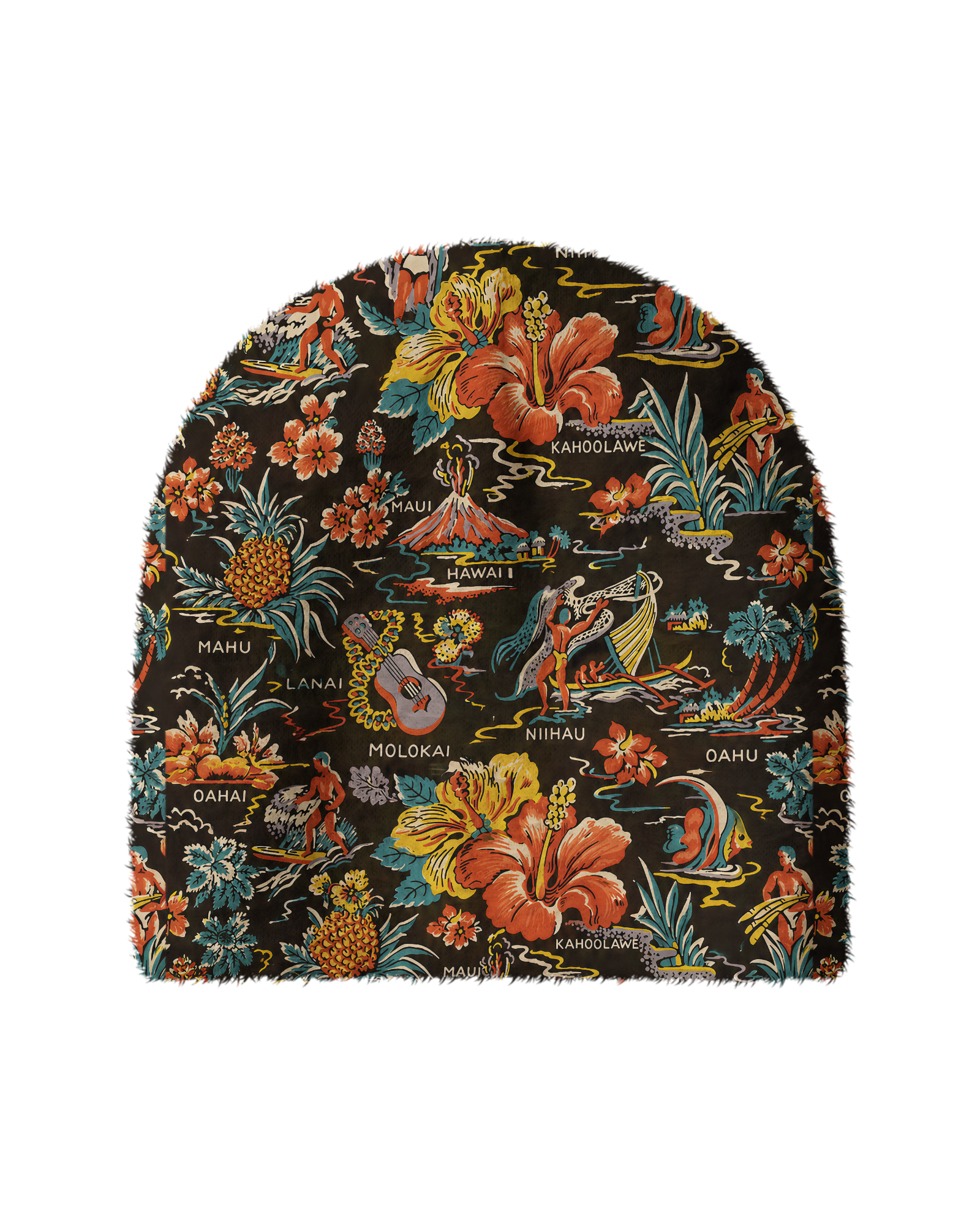 TheRetroTee 1950s Vintage Hawaiian Tiki Tropical Map Plush Knit Beanie