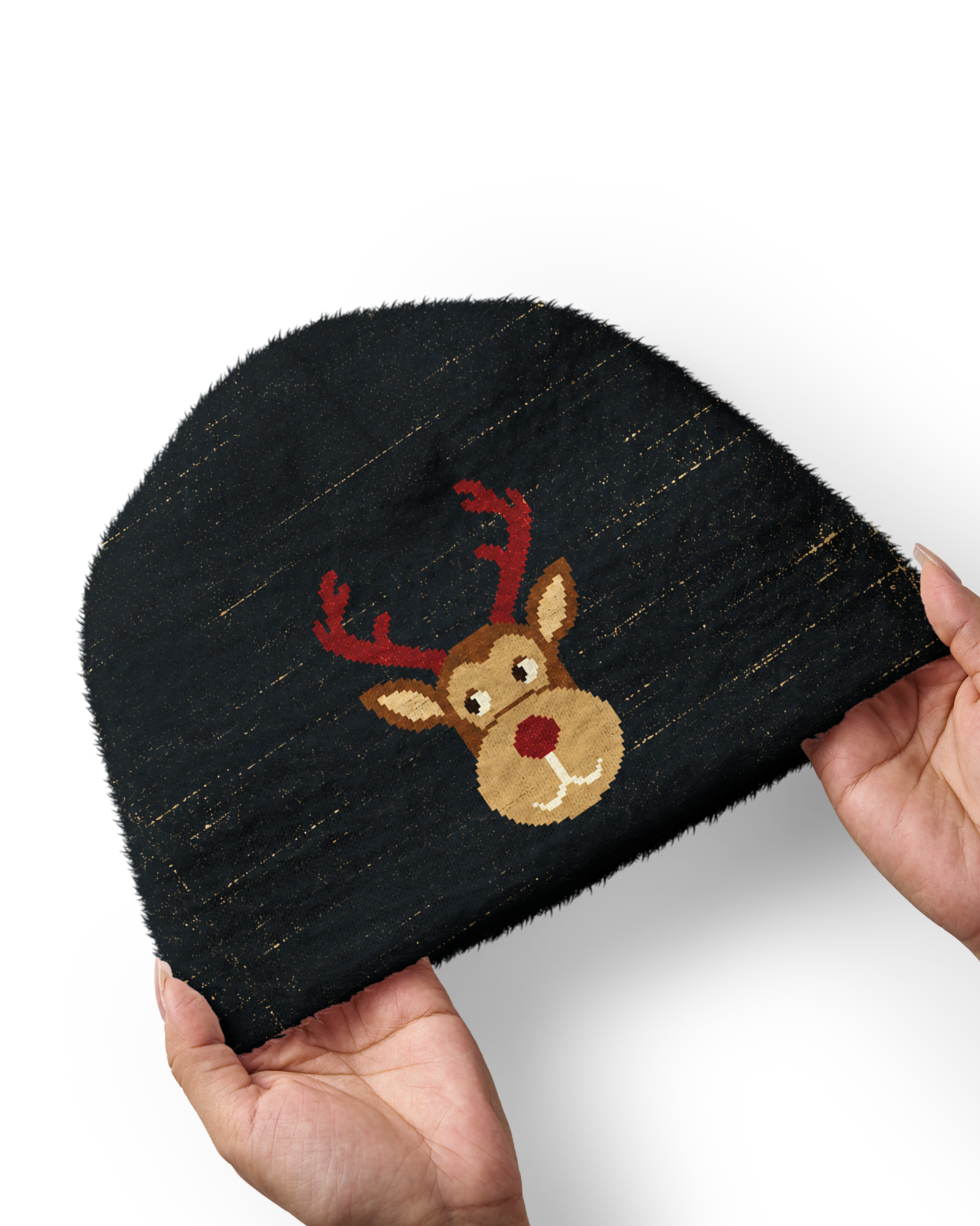 TheRetroTee Retro Pixel Reindeer Christmas Plush Knit Beanie