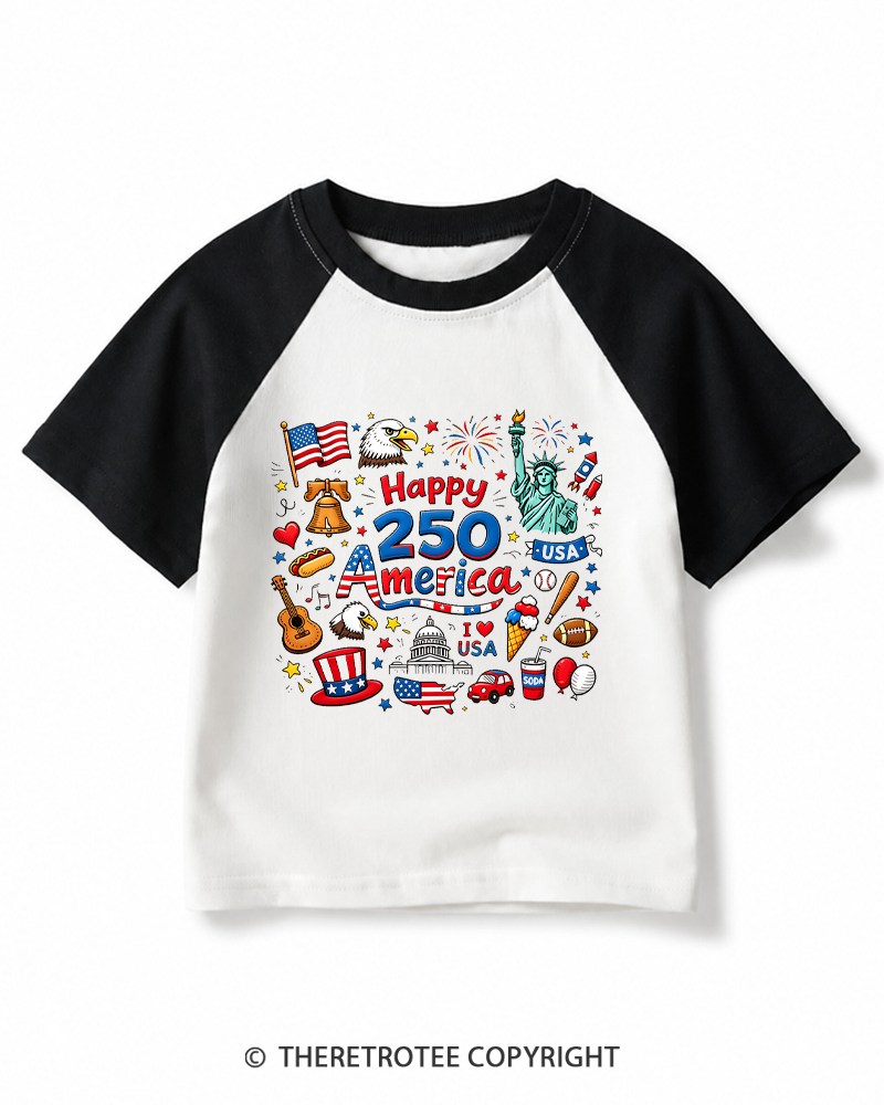 TheRetroTee Happy 250 Years America 1776 Kids Raglan Baseball T-Shirt