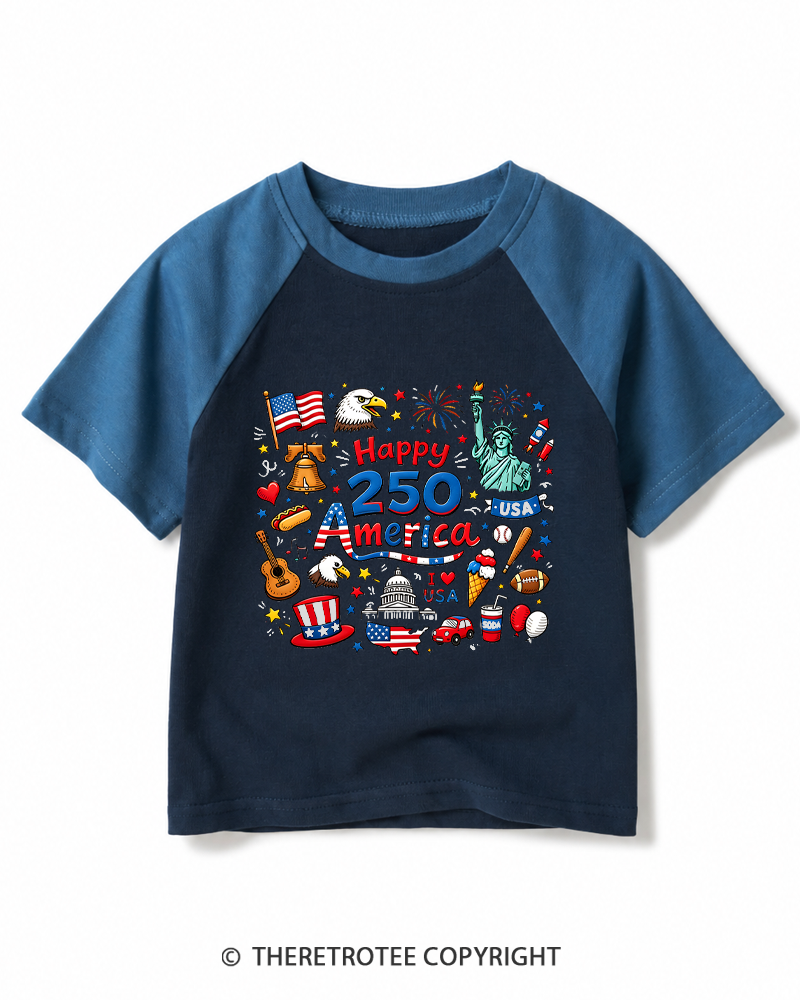 TheRetroTee Happy 250 Years America 1776 Kids Raglan Baseball T-Shirt