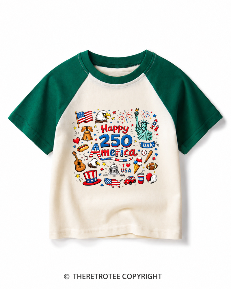 TheRetroTee Happy 250 Years America 1776 Kids Raglan Baseball T-Shirt