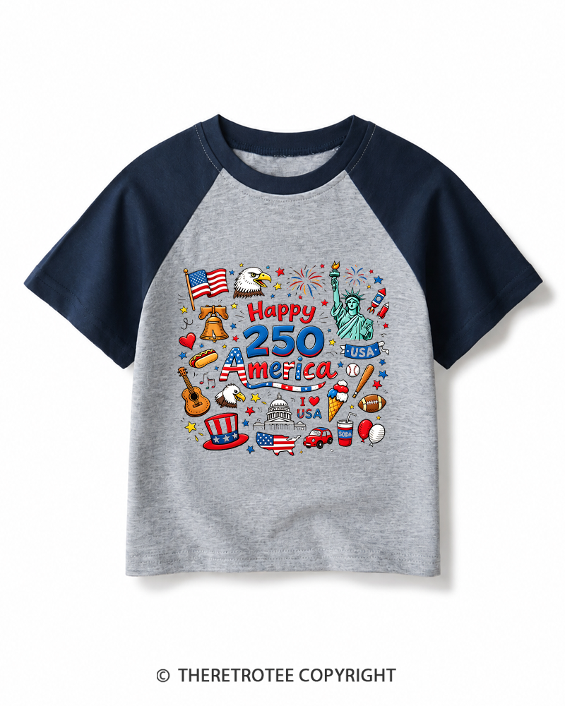 TheRetroTee Happy 250 Years America 1776 Kids Raglan Baseball T-Shirt