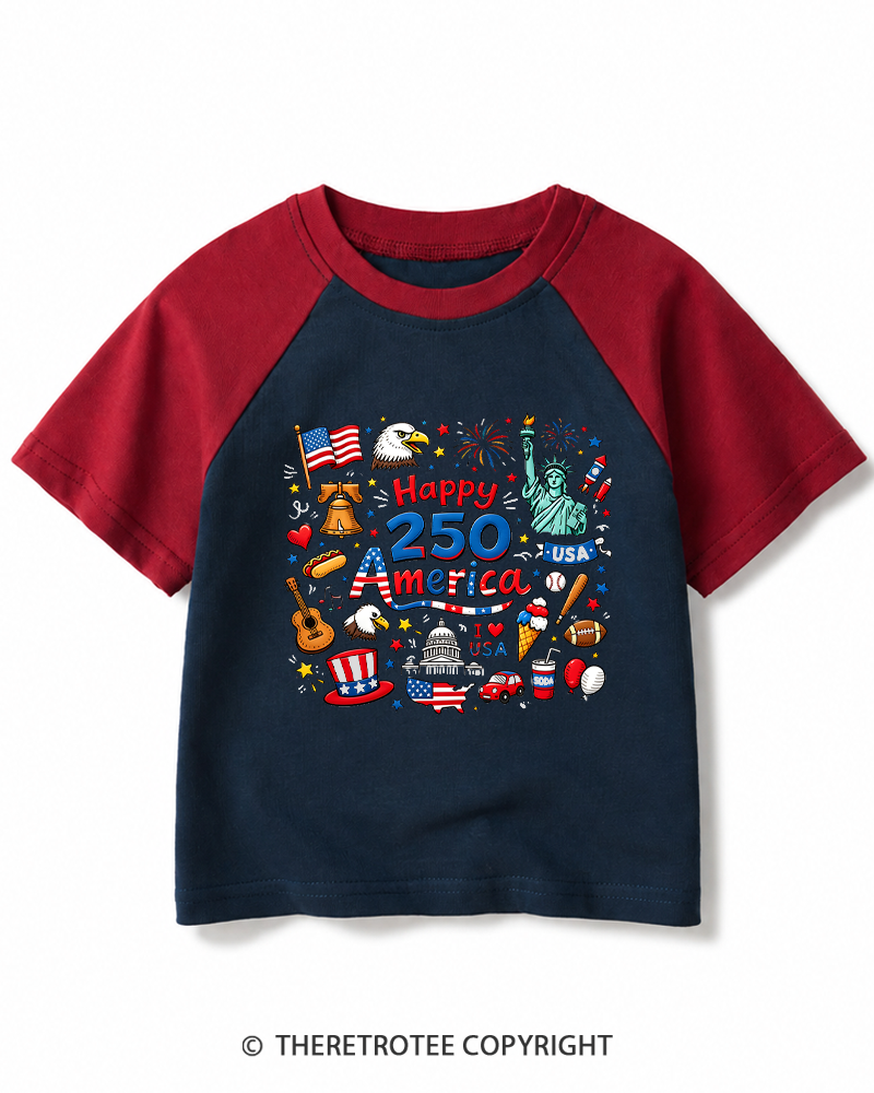 TheRetroTee Happy 250 Years America 1776 Kids Raglan Baseball T-Shirt