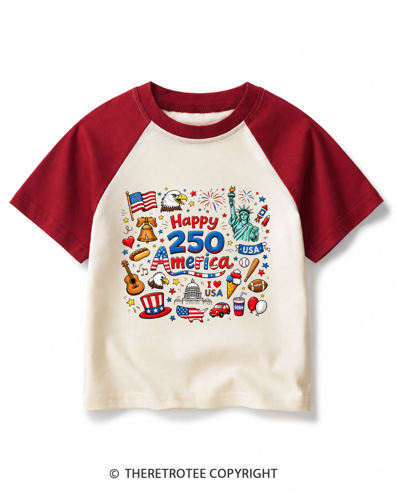 TheRetroTee Happy 250 Years America 1776 Kids Raglan Baseball T-Shirt