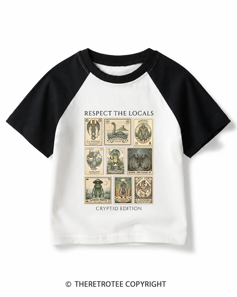 TheRetroTee Cryptid Stamp Graphic 1970s Kids Raglan Baseball T-Shirt