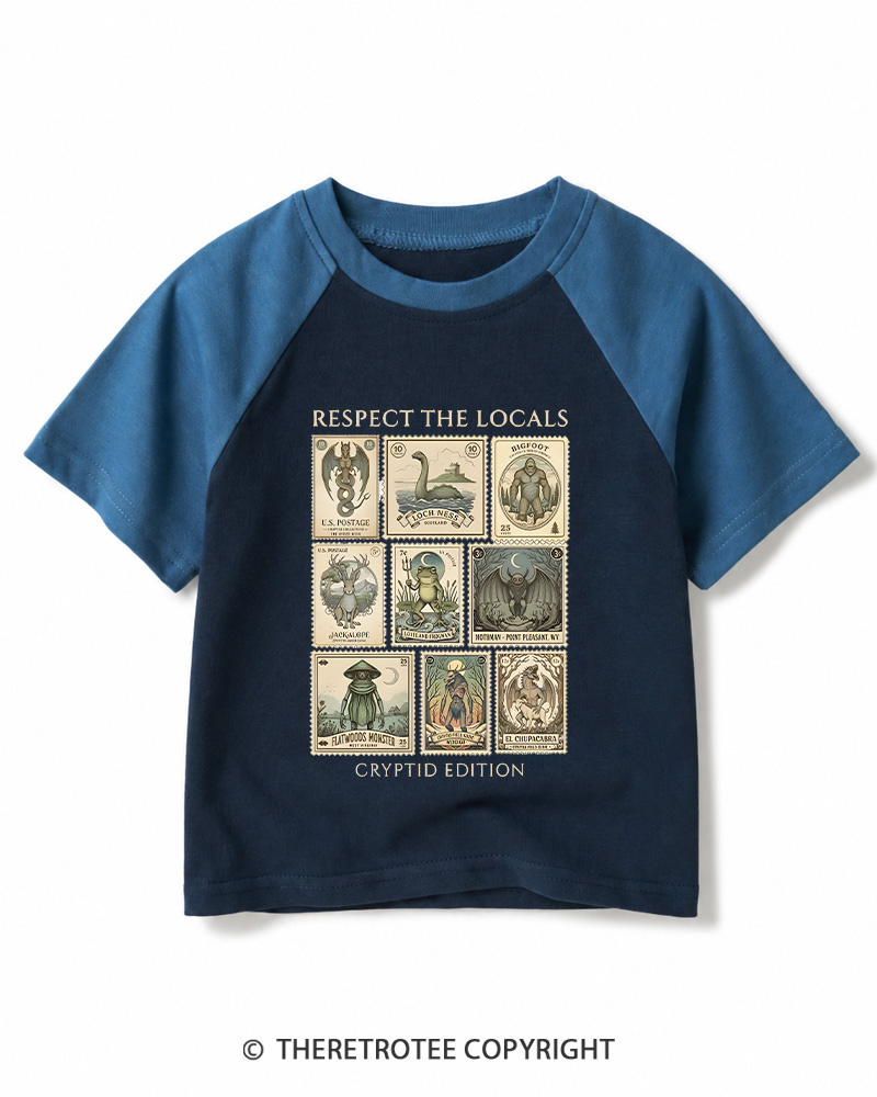 TheRetroTee Cryptid Stamp Graphic 1970s Kids Raglan Baseball T-Shirt