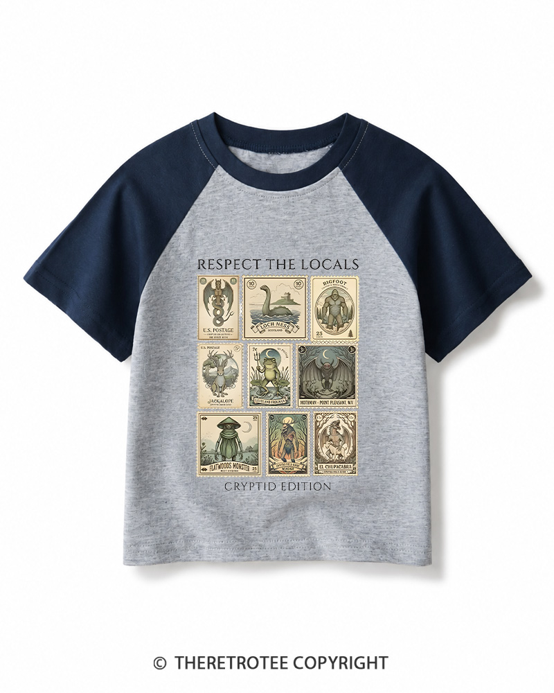 TheRetroTee Cryptid Stamp Graphic 1970s Kids Raglan Baseball T-Shirt