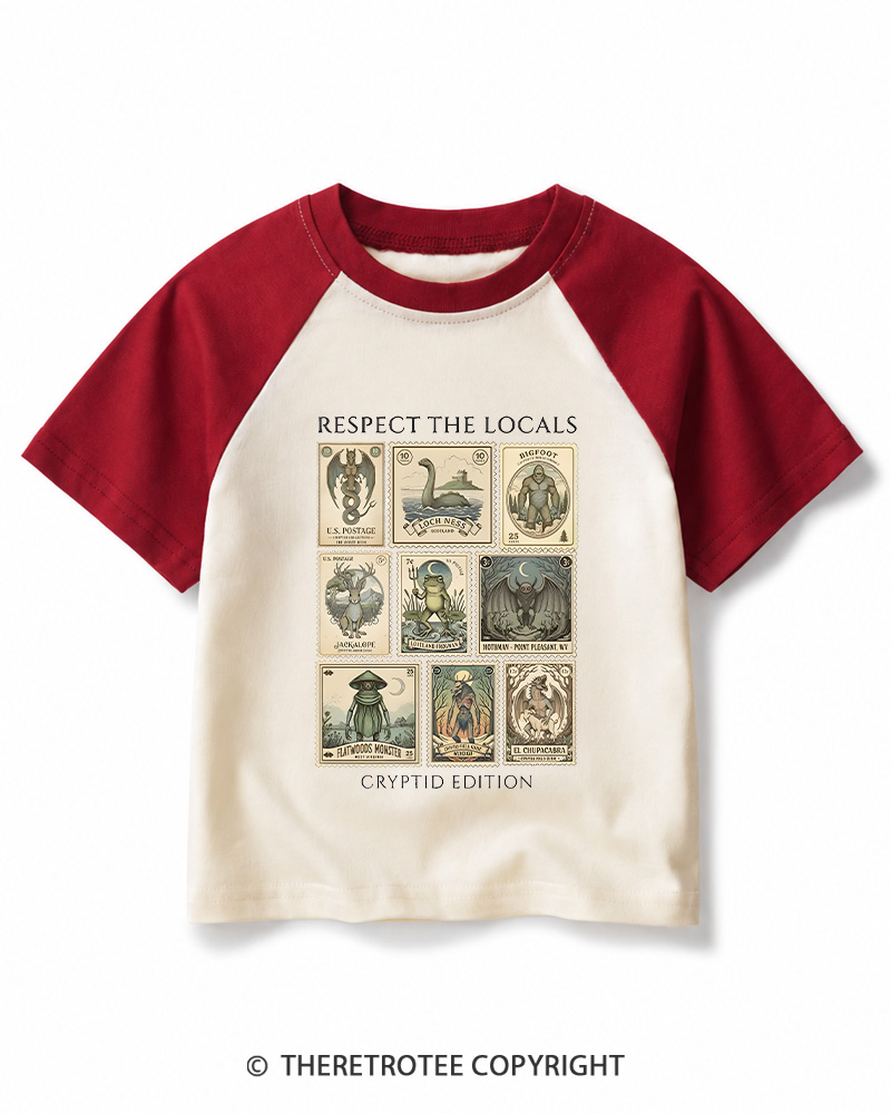 TheRetroTee Cryptid Stamp Graphic 1970s Kids Raglan Baseball T-Shirt