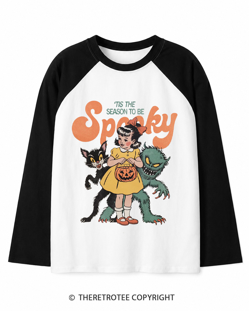 TheRetroTee Tis The Season To Be Spooky Halloween 1950s Long Sleeve Raglan T-Shirt