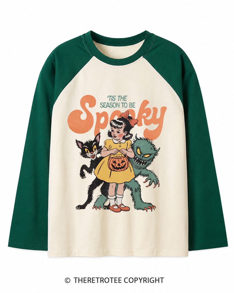 TheRetroTee Tis The Season To Be Spooky Halloween 1950s Long Sleeve Raglan T-Shirt