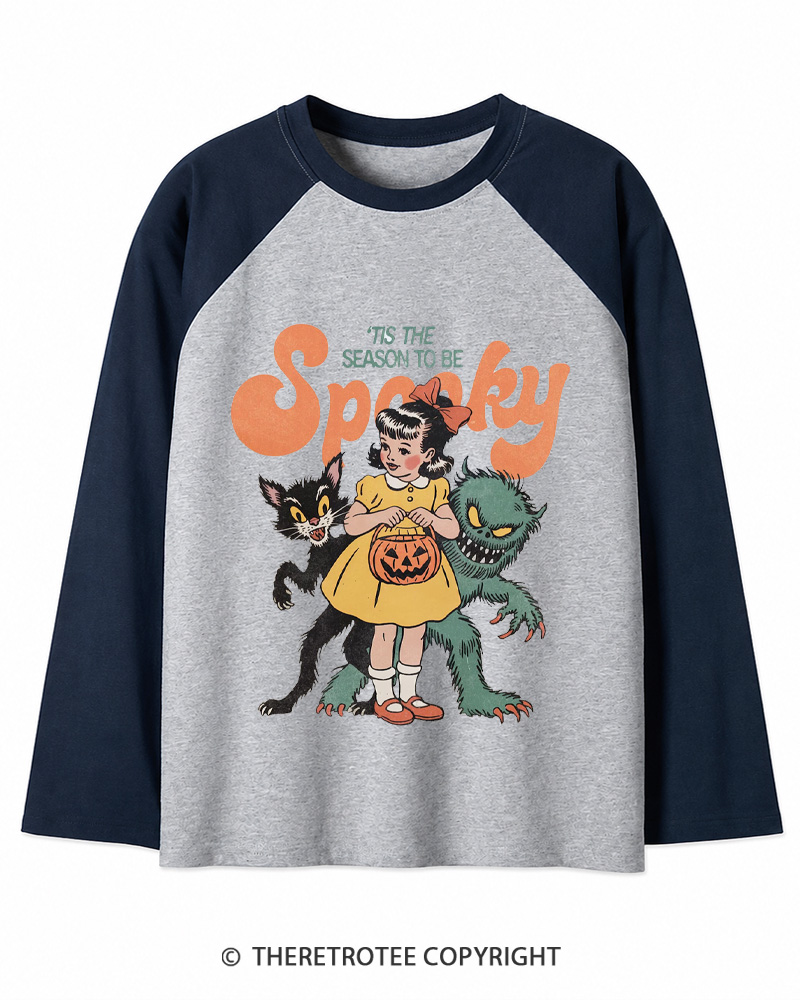 TheRetroTee Tis The Season To Be Spooky Halloween 1950s Long Sleeve Raglan T-Shirt