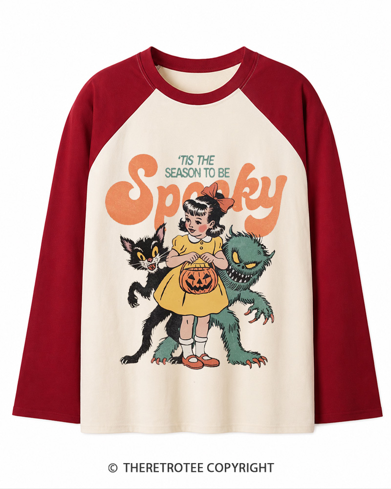 TheRetroTee Tis The Season To Be Spooky Halloween 1950s Long Sleeve Raglan T-Shirt