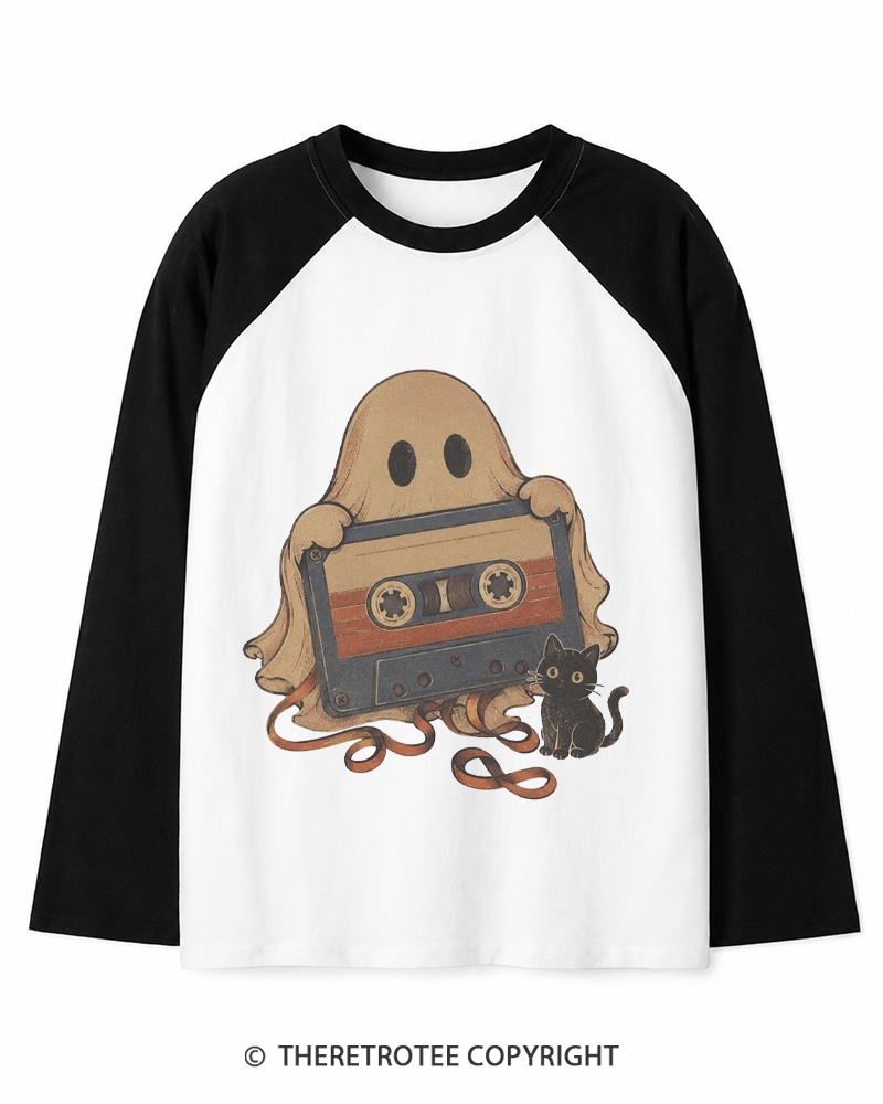 TheRetroTee Ghost Cassette Tape Halloween 1980s Long Sleeve Raglan T-Shirt