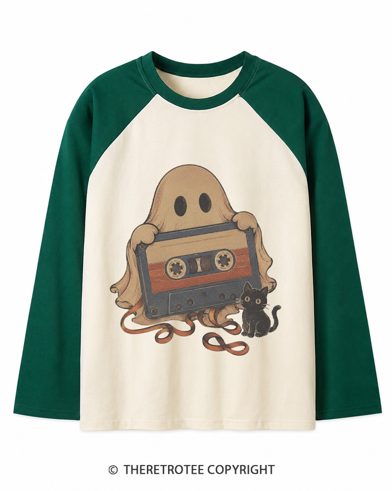 TheRetroTee Ghost Cassette Tape Halloween 1980s Long Sleeve Raglan T-Shirt