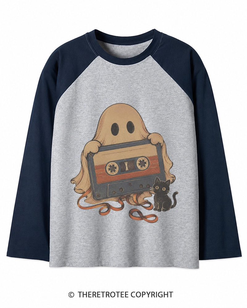 TheRetroTee Ghost Cassette Tape Halloween 1980s Long Sleeve Raglan T-Shirt