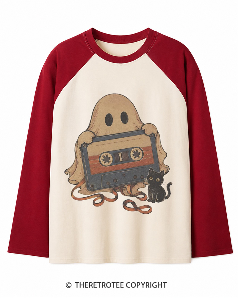 TheRetroTee Ghost Cassette Tape Halloween 1980s Long Sleeve Raglan T-Shirt