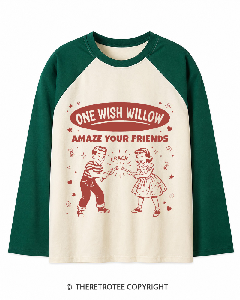TheRetroTee One Wish Willow Vintage Long Sleeve Raglan T-Shirt