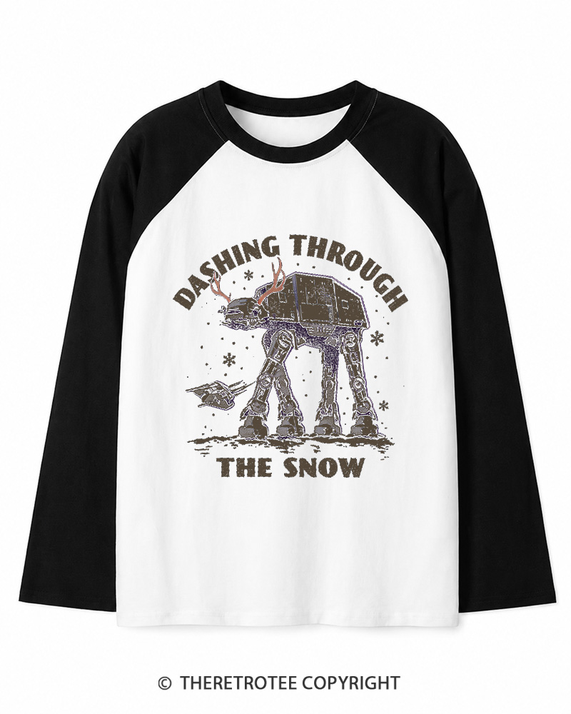 TheRetroTee Dashing Through The Snow 1980s Christmas Long Sleeve Raglan T-Shirt