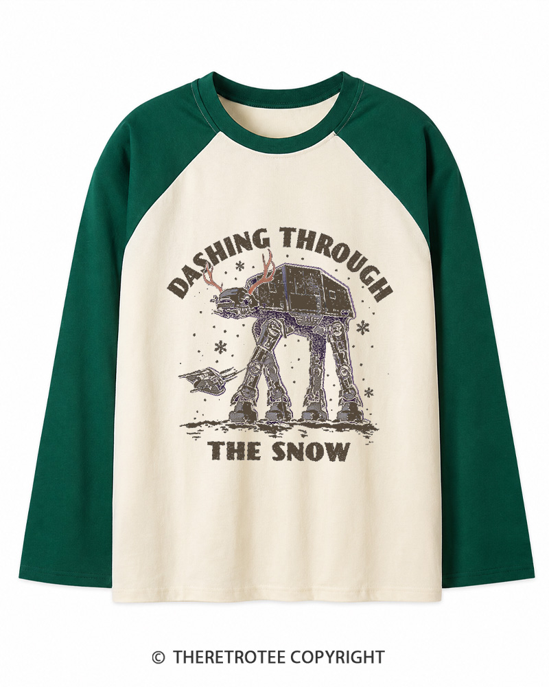 TheRetroTee Dashing Through The Snow 1980s Christmas Long Sleeve Raglan T-Shirt