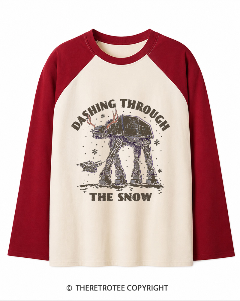TheRetroTee Dashing Through The Snow 1980s Christmas Long Sleeve Raglan T-Shirt