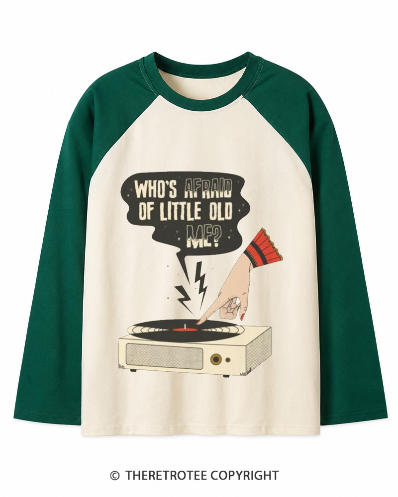TheRetroTee Who's Afraid Of Little Old Me 1970s Long Sleeve Raglan T-Shirt