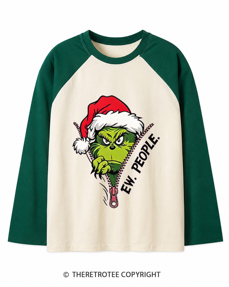 TheRetroTee Ew People Grinch 1960s Christmas Long Sleeve Raglan T-Shirt